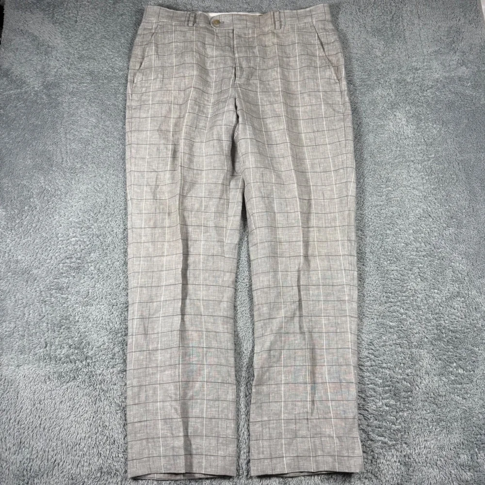 Joseph Abboud 100% Linen Trousers Mens 34x30 Grey Windowpane Plaid Dress Pants